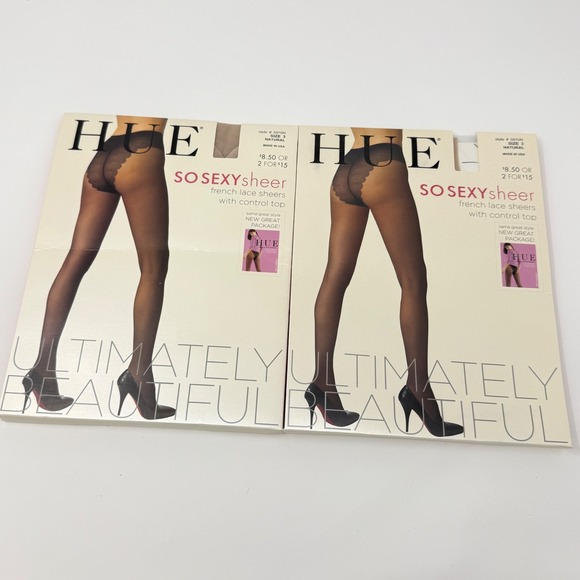 HUE Accessories - VTG Hue So Sexy Sheer French Lace Sheers Control Top Tights Natural Size 3 2pk